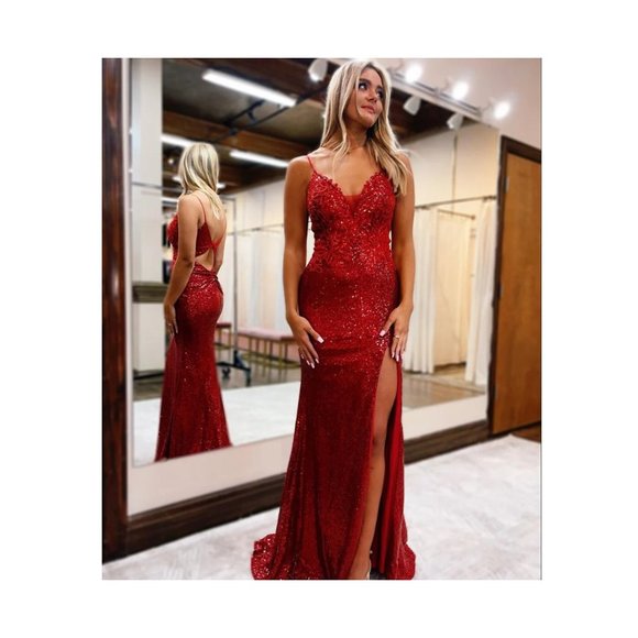 Red Sequin Lace-Up Back Long Prom Dress with Slit
